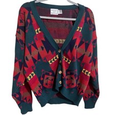 Vintage Aztec Western Print Oversized Button Sweater Cardigan Size Small
