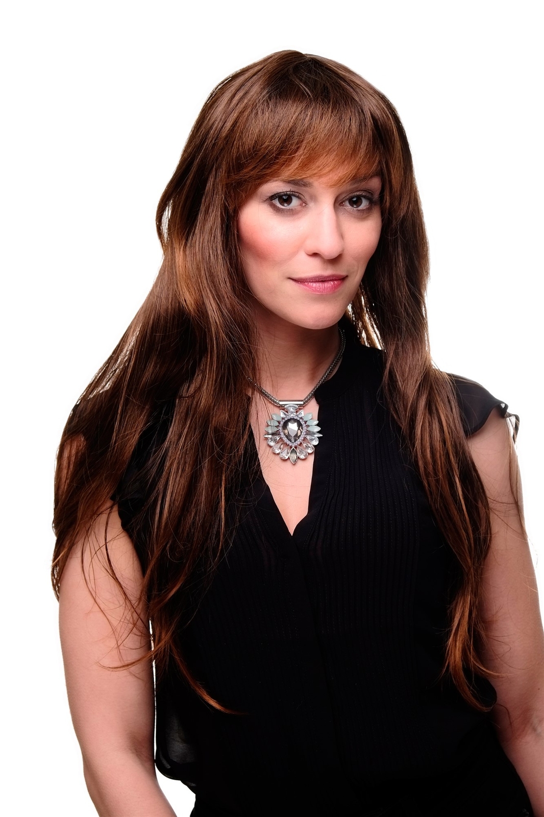 Wig Women Long Wavy Layered Bangs Chestnut Brown Mix 80