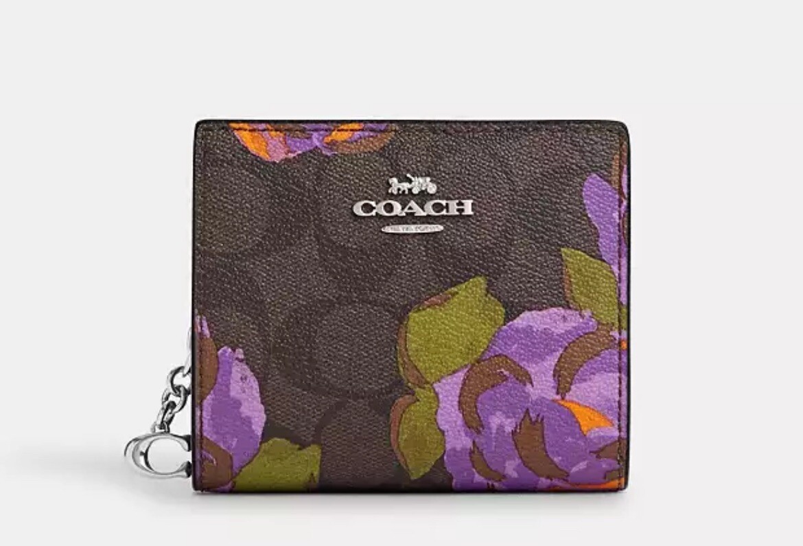 NWT COACH CL664 Snap Wallet Signature Leather With Rose Print