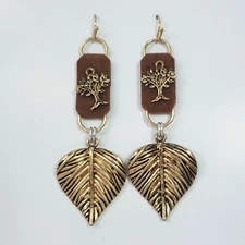 E0476 Retro Antique Gold tone Tree of Life Leaf Shape Dangle Earrings Vintage 
