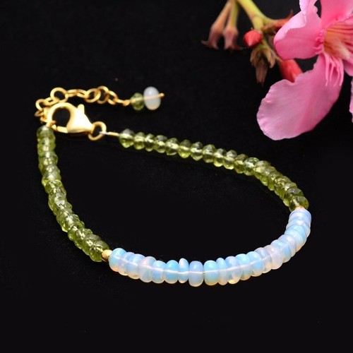 Natural Opal & Peridot Gemstone Beaded Bracelet in 925 Silver Clasp 7" b-29 - Picture 2 of 3