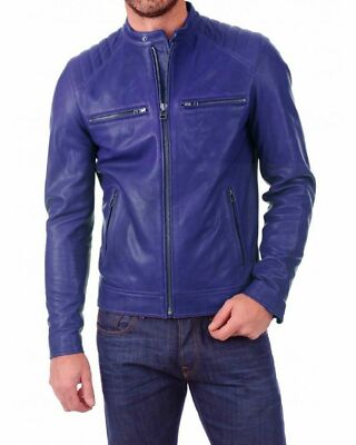Men Leather Jacket 100% Genuine Lambskin Biker Motorcycle Blue Leather Jacket 