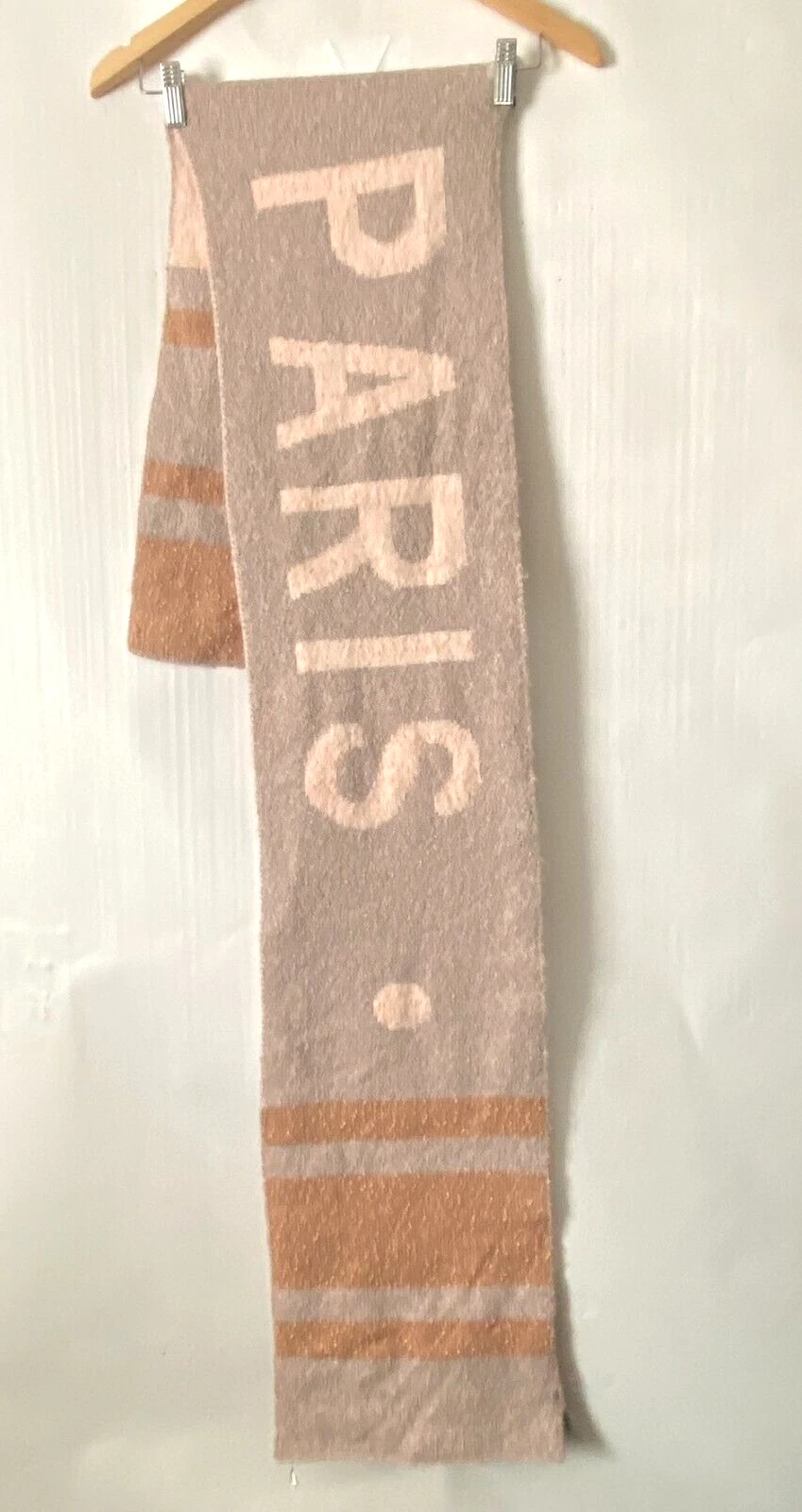 Urban Outfitters City Intarsia Soccer Scarf PARIS Tan Pink Multi 72" x 10" NWOT