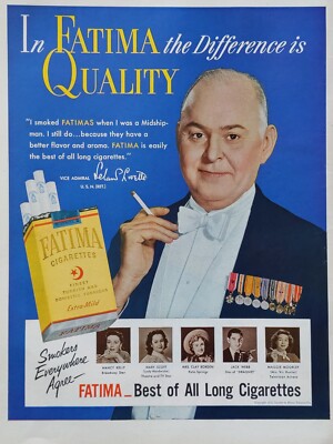 Vintage Fatima cigarettes print ad. Featuring Leland lovette