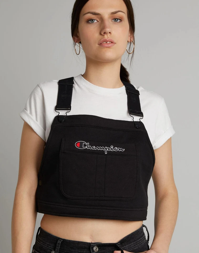 Champion Superfleece Overall Bib Crop Top Black Women's Size Small Summer EUC - Image 2 of 4