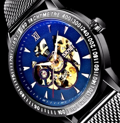 SKM Mechank Herren Mesh Armband Automatik Uhr Schwarz Blau Skelett mit Holz Box