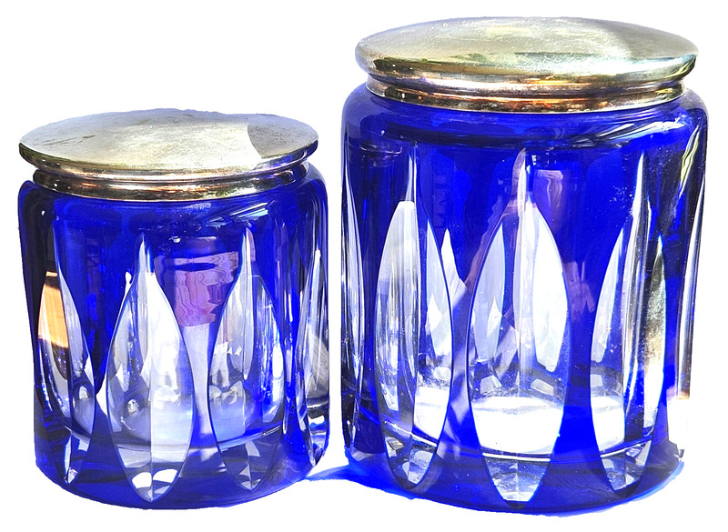 Pair Art Deco Glass Vanity Jars W/Lids-Antique Cut Crystal Cobalt Powder Jars