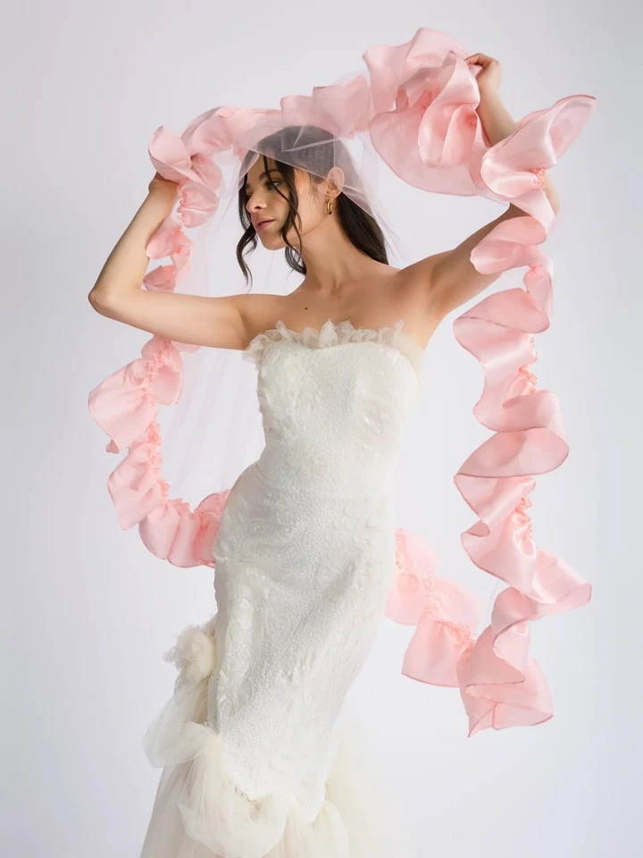 Velo de boda de organza satinado rojo/rosa/velo corto de novia Foto 4 de 4