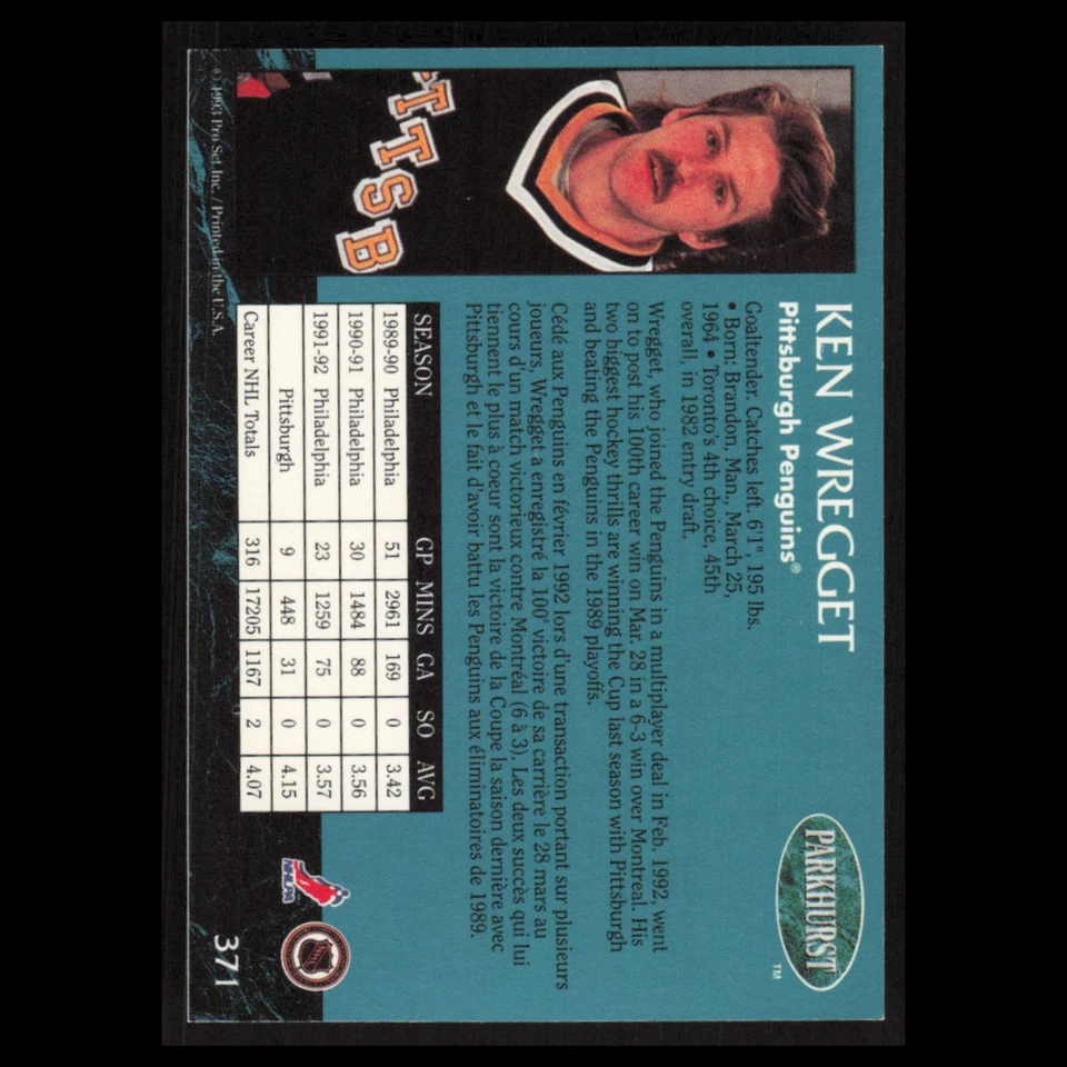 Ken Wregget #371 1992 Parkhurst Pittsburgh Penguins Hockey Card NHL NM - Image 2 of 3