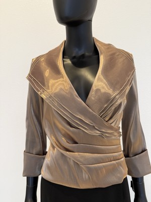 Cache Gold Metallic Satin Faux Wrap  Portrait Collar Top Size 6  NWT