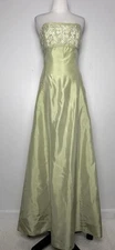 VTG Jessica McClintock Gown 14 Green Taffeta Strapless Embroidered Floral Prom