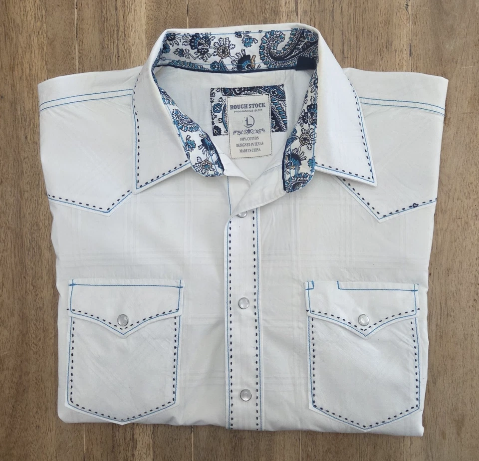 Rough Stock Panhandle Slim Western White Paisley Pearl Snap Shirt Men's L - Image 2 of 4