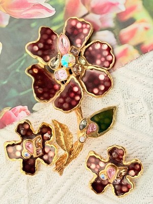 Christian Lacroix Vintage riesige Blume Emaille rosa lila Kristall irisierend Set
