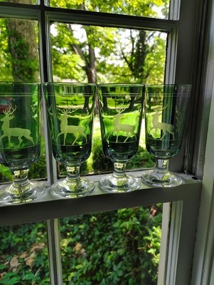 Austrian Hand Etched Water Goblets Stag Deer Green Kitzbuhel Set of 4