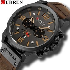 Herren Luxus Uhr Chronograph Lederarmband Quarz Military Design mit Box