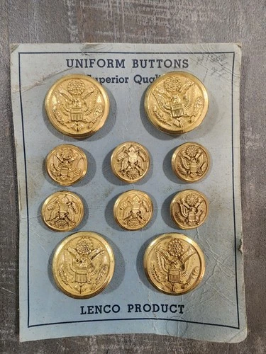 10 Vintage 1940's WWII Era, Military Uniform Buttons, Full Card BRAND NEW
