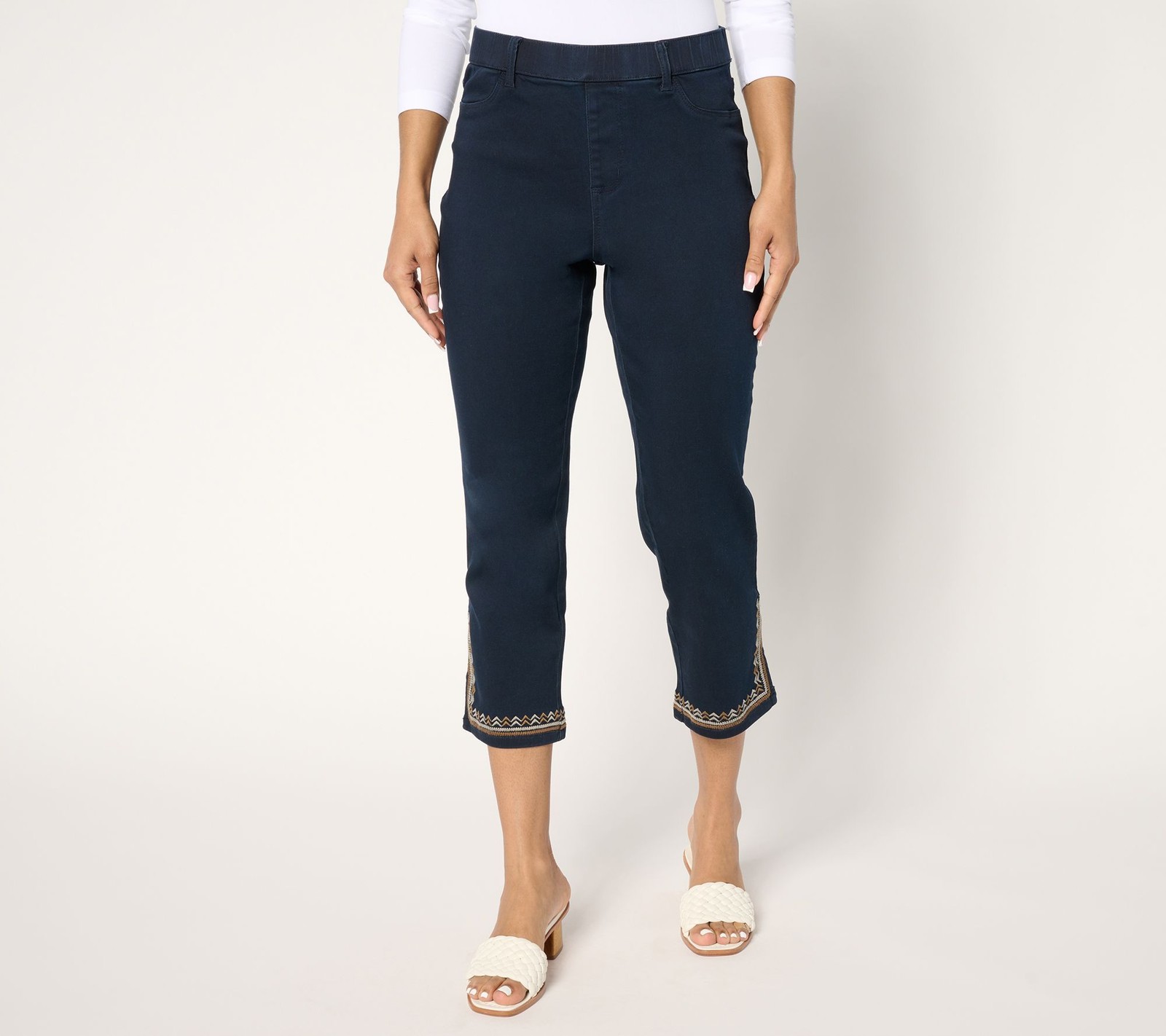 Susan Graver Women's Petite Pants 6P Soft Stretch Embroidered Hem Blue A681020