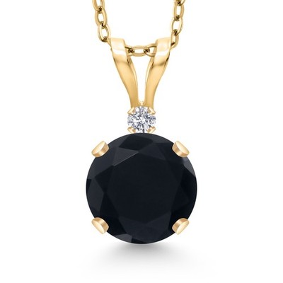 14K Yellow Gold Onyx and Lab Grown Diamond Pendant Necklace for Women | 0.82