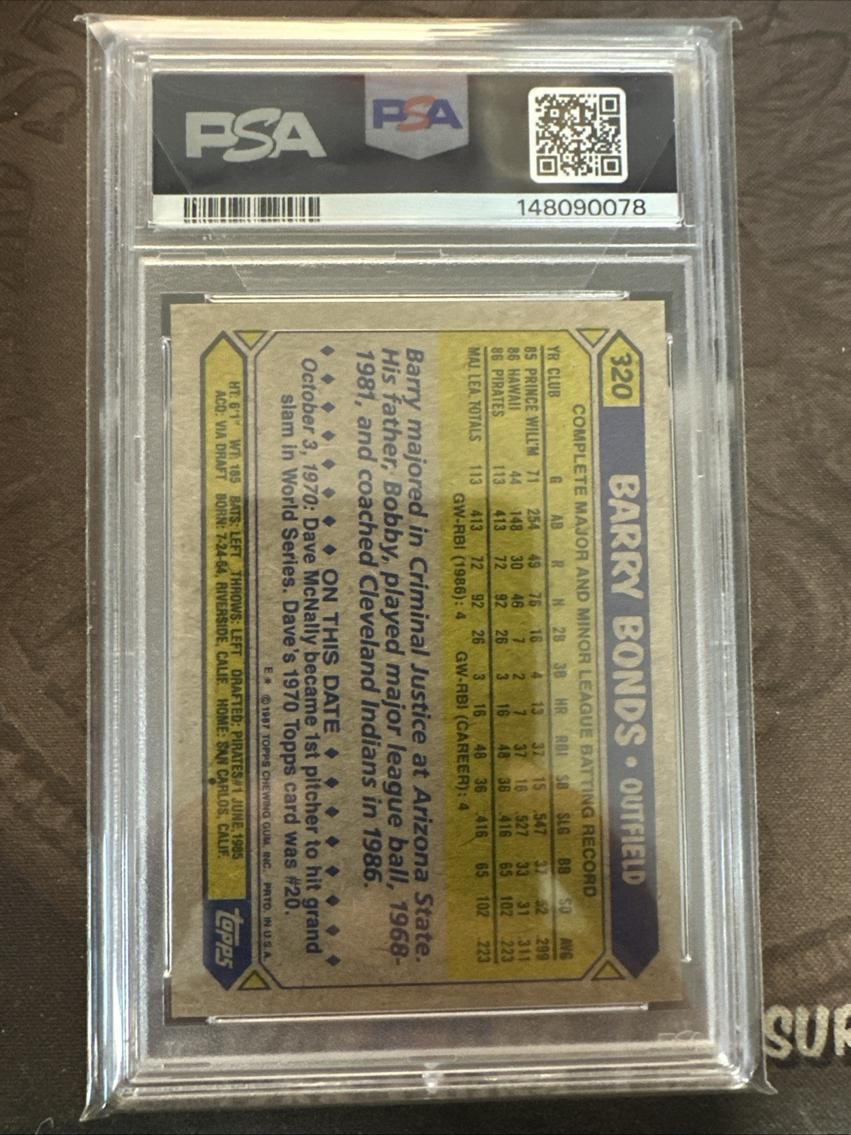 1987 TOPPS #320 BARRY BONDS RC PIRATES PSA 9 view 2