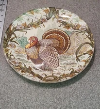 Decoupage Turkey Fabric Clear Glass 10" Dinner Plate Autumn Fall Decor