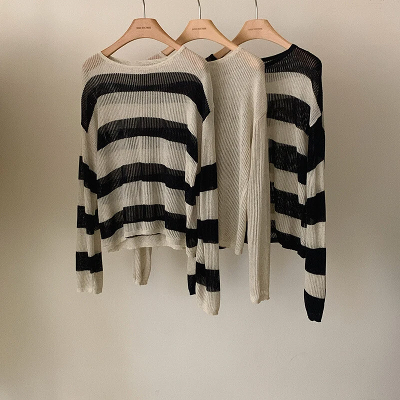 Women Striped round neck loose sun protection Long Sleeve T-shirt