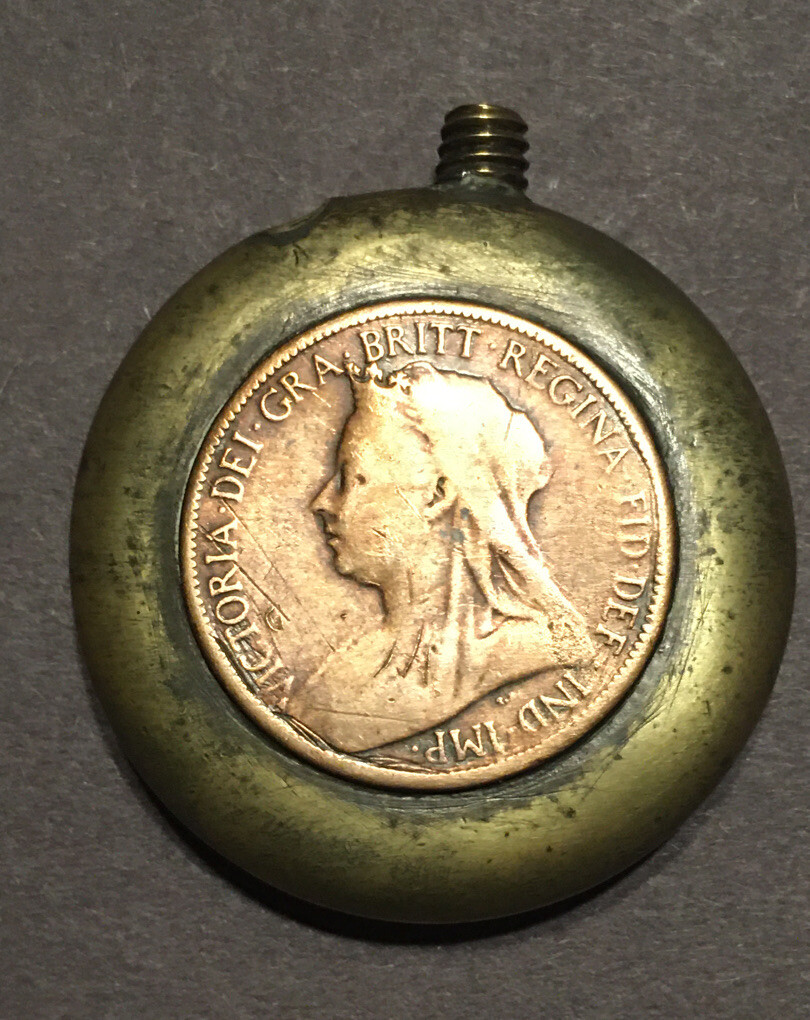 WWI era trench art lighter, queen Victoria in French coin