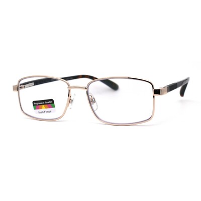 Mens Classic Metal Rectangular Spring Hinge 3-Focal Progressive Reading Glasses