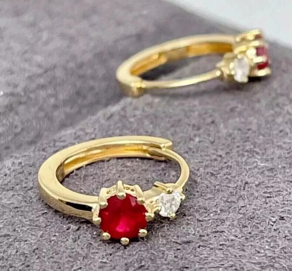 Women's Hoop Earring 14K Yellow Gold Plated 2Ct Round Cut Lab Created Red Ruby - Image 2 of 4