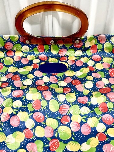 Vintage 1960s Expandable Folding Tote Bag Floral Lucite/Bakelite Handle - Picture 3 of 8