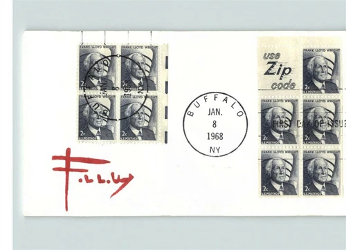 Hand Painted Architect FRANK LLOYD WRIGHT, Booklet Pane of 5 & 4, 1968 FDC