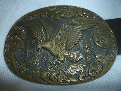 Vintage 90s Painted Eagle Genuine Leather Brass Buckle Belt Size Small Vintage Bald Eagle Painted Enamel Brass Belt Buckle With  main image 4
