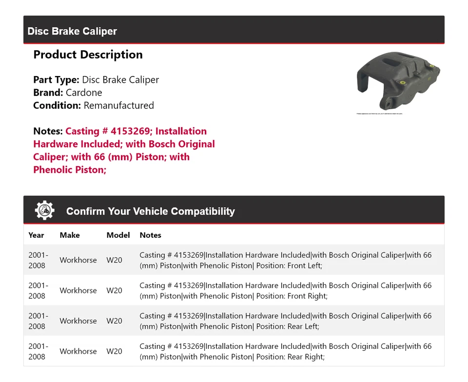 Pinza de freno de disco Cardone para Workhorse W20 2001-2008 2002 2003 2004 2005 2006 Foto 2 de 4