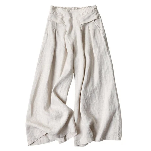 Lady Trousers Loose Elastic High Waist Bottom Casual Wide Leg Cotton Linen Pants - Picture 5 of 20