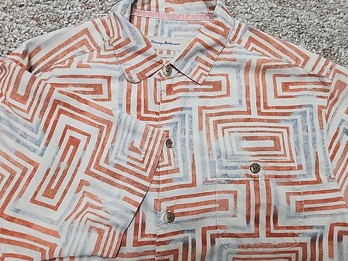 TOMMY BAHAMA Button Blue Orange Geometric 100% SILK SHIRT Original Fit