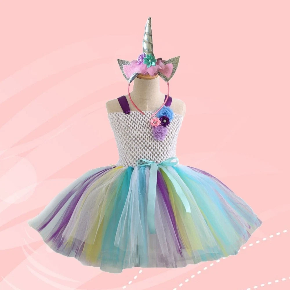 VETEMENTS Abito tutù unicorno colorato costume arcobaleno vestito gonna abbigliamento festa con