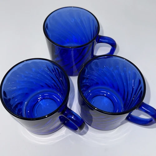 Set of 3 Vintage Arcoroc France Cobalt Blue Glass Coffee Cups Mugs