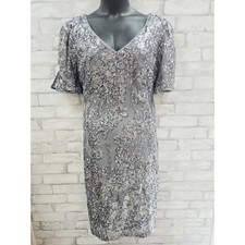 Alex Evenings Silver Sequin Beaded Cold Shoulder V Neck Midi Dress