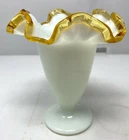 Vintage Fenton Art Glass Amber Gold Honey Crest Milk Glass Ruffle Top Vase