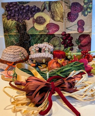 Vintage HARVEST Craft Items Russet Green Cream Ribbon Floral Paper Findings OOAK