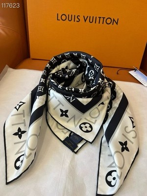 LOUIS VUITTON SCARF SQUARE SHAWL 100% AUTHENTIC CLASSIC LOGO SILK WHITE BLACK