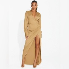 Naked Wardrobe Long Sleeve Faux Wrap Dress In Beige Khaki Size XS
