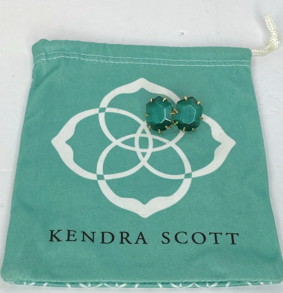 Kendra Scott Morgan Stud Earrings Emerald Green Cat Eye with Gold Frames Retired - Image 4 of 4