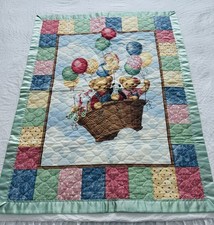 Baby Quilt Blanket Comforter Blue Jean Overalls Teddy Bear Vintage 45x35