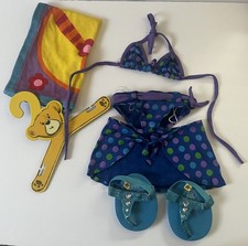 Vtg Build A Bear Summer Bikini Swim Set Blue Polka Dot Towel Sandals