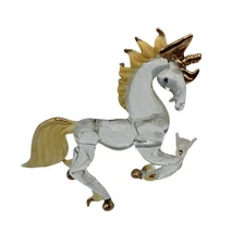 Vintage Small Handmade Glass Unicorn w/ Baby Bird Figurine Yellow Clear