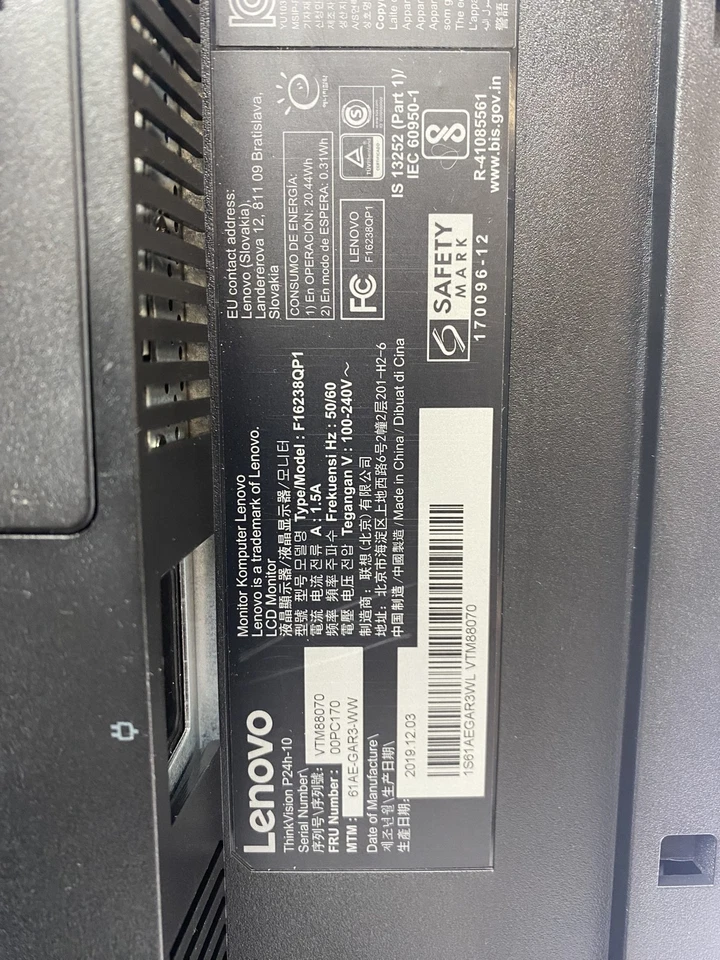 Lenovo LED Monitor 24" Thinkvision P24h-10 Vtm88070 HDMI, Display Port - Image 2 of 4