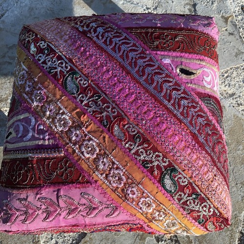 Embroidered Patchwork Bohemian Style Foot Stool /Ottoman Pink Red Metallic - Picture 3 of 10