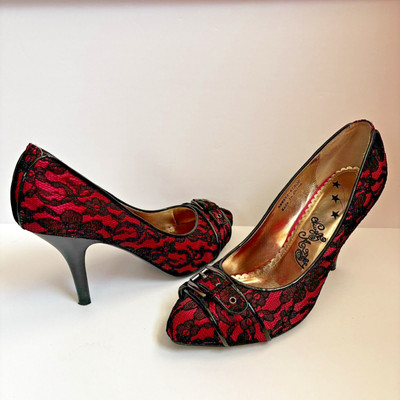 Naughty Monkey Secret Secretary Pink Black Lace High Heel Shoes Women's Size 10