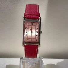 Anne Klein Silver Tone Rectangle Pink Case Pink Leather Band Watch New Battery
