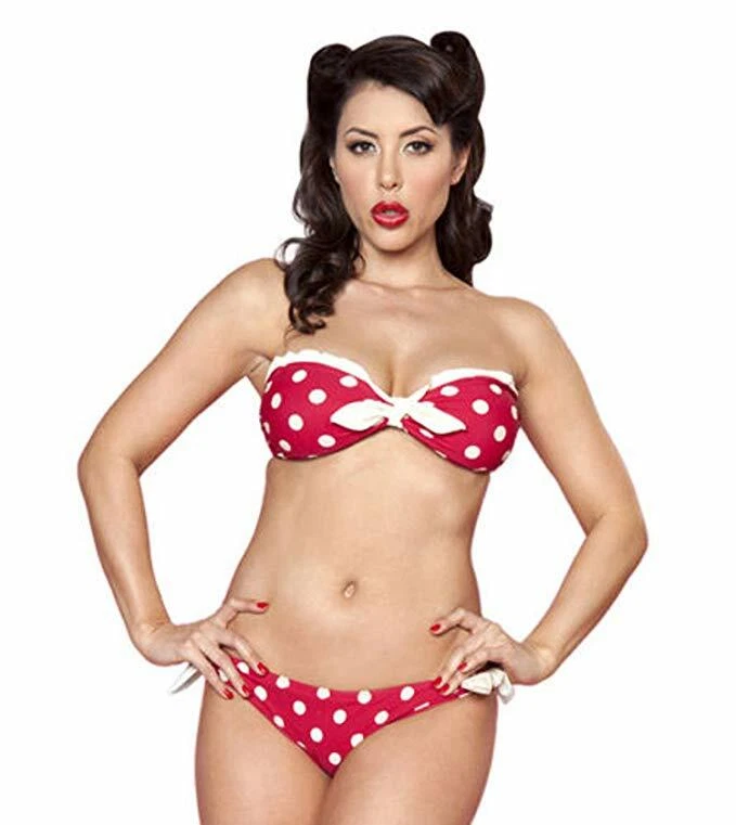 Bettie Page Rojo Blanco Lunares Bikini Blanco Lazo Bandeau Top Traje de Baño Foto 3 de 4